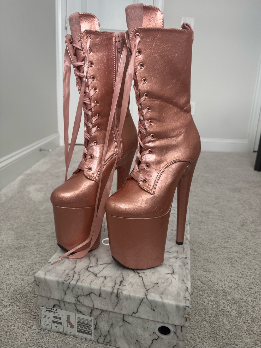 Hella Heels 8” Platform Lace-Up Boots in Metallic Rose Gold
